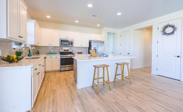kitchen featuring appliances with stainless steel finishes, a sink, light wood finished floors, backsplash, and visible vents