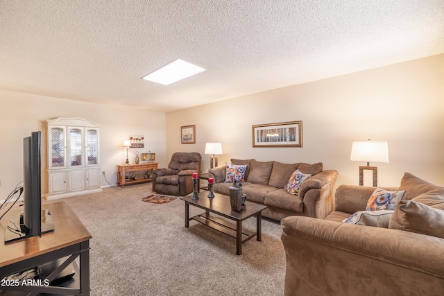 living room featuring a textured ceiling and carpet flooring