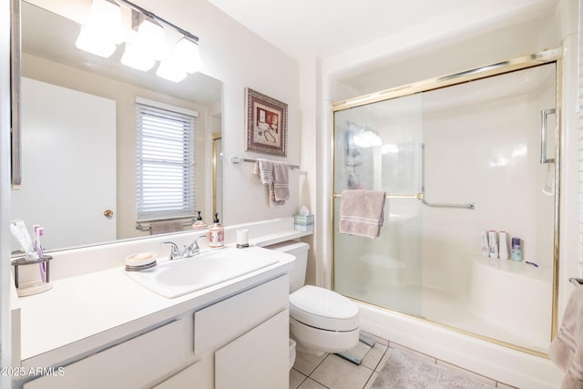 bathroom with tile patterned floors, walk in shower, toilet, and vanity