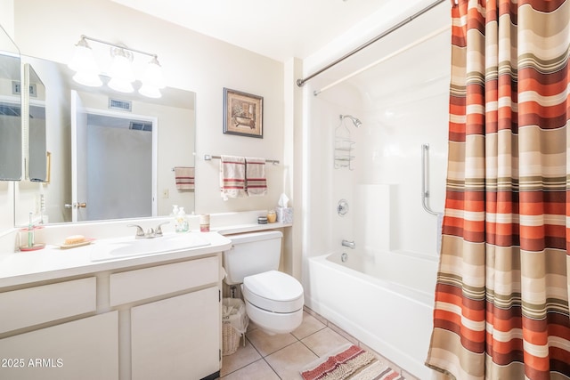 full bathroom featuring toilet, tile patterned flooring, vanity, and shower / tub combo with curtain