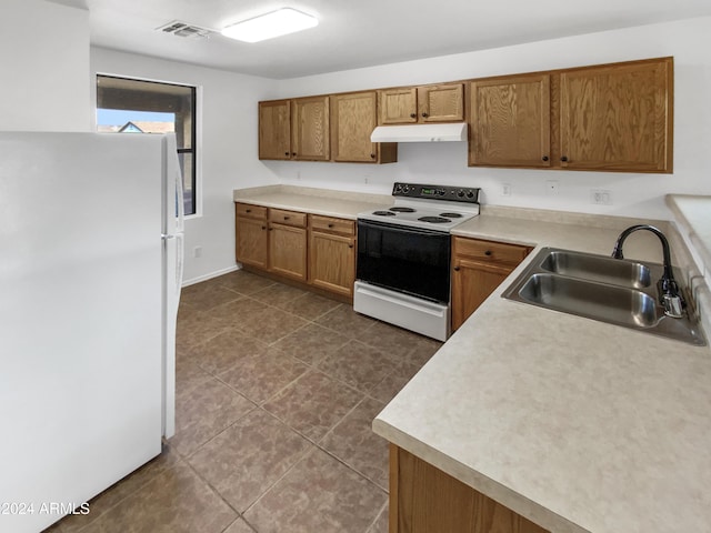 kitchen featuring sink, white appliances, and tile patterned flooring