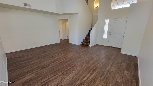 entrance foyer featuring plenty of natural light, a high ceiling, and dark wood-type flooring