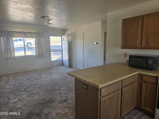 kitchen featuring dark colored carpet and kitchen peninsula