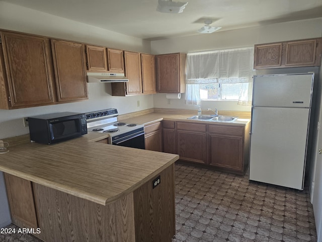 kitchen with sink, white appliances, and kitchen peninsula