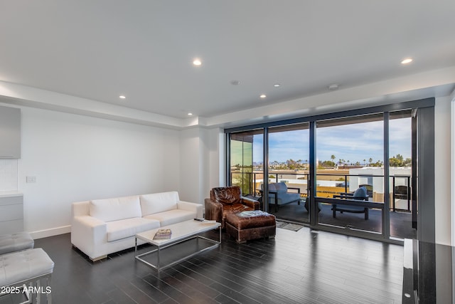 living room featuring dark wood-type flooring and a healthy amount of sunlight