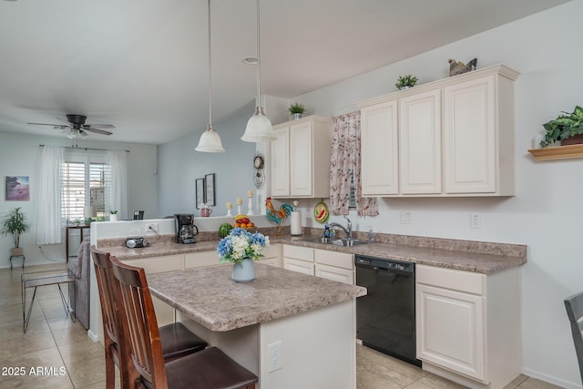 kitchen featuring pendant lighting, sink, black dishwasher, a kitchen breakfast bar, and kitchen peninsula