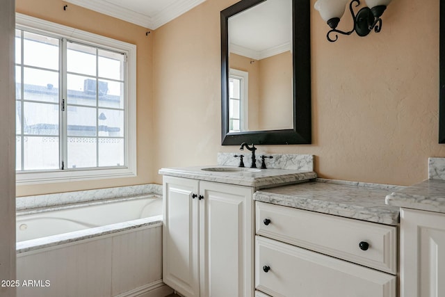 bathroom with crown molding, vanity, and a bath