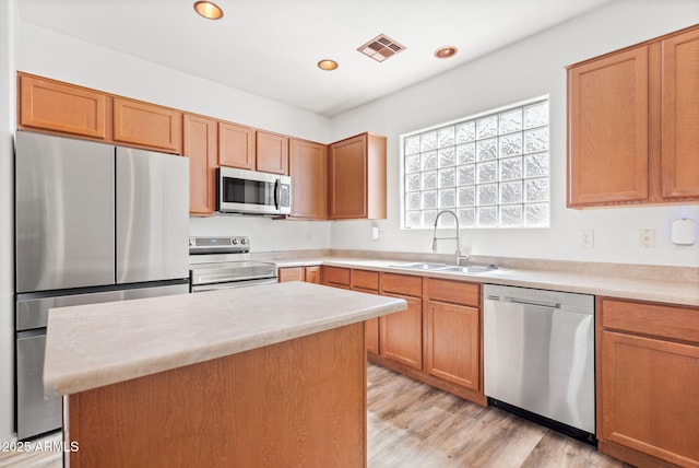 kitchen with a sink, visible vents, appliances with stainless steel finishes, and light countertops