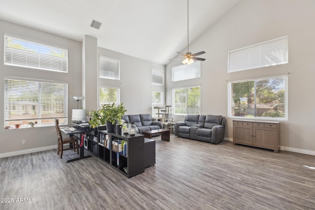 living room with visible vents, wood finished floors, and high vaulted ceiling