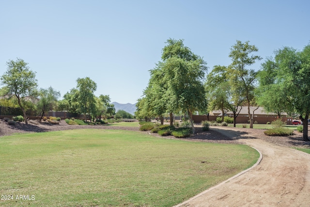 view of community with a lawn and a mountain view