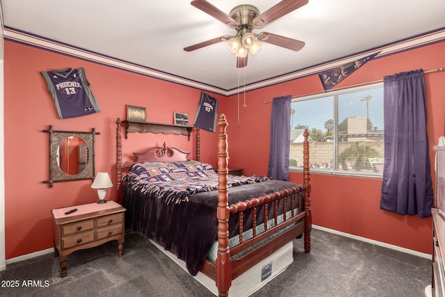 bedroom with ceiling fan, carpet flooring, baseboards, and ornamental molding