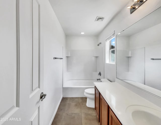 bathroom with vanity, bathtub / shower combination, baseboards, toilet, and visible vents
