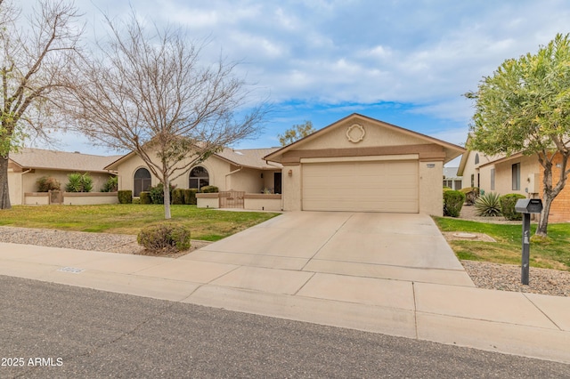 single story home with a garage, driveway, a front lawn, and stucco siding