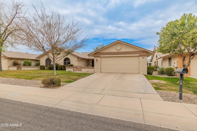 ranch-style house featuring an attached garage, a front lawn, concrete driveway, and stucco siding