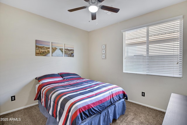 bedroom featuring carpet flooring, baseboards, and ceiling fan