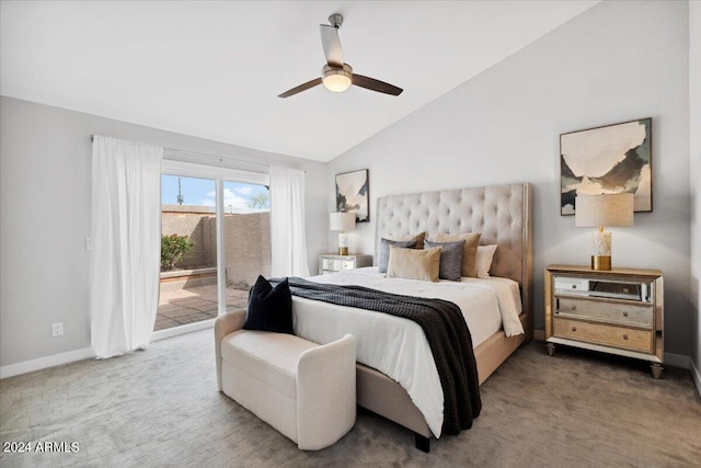 carpeted bedroom featuring ceiling fan, high vaulted ceiling, and access to exterior