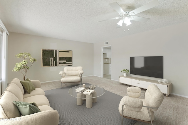 carpeted living room featuring a textured ceiling and ceiling fan