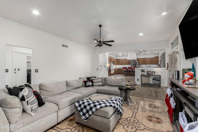 living room featuring ceiling fan