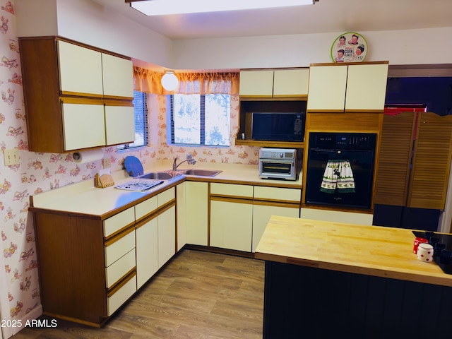 kitchen with white cabinets, sink, light hardwood / wood-style flooring, and black appliances