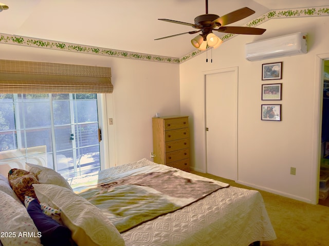 carpeted bedroom with ceiling fan, lofted ceiling, a wall mounted AC, and access to outside