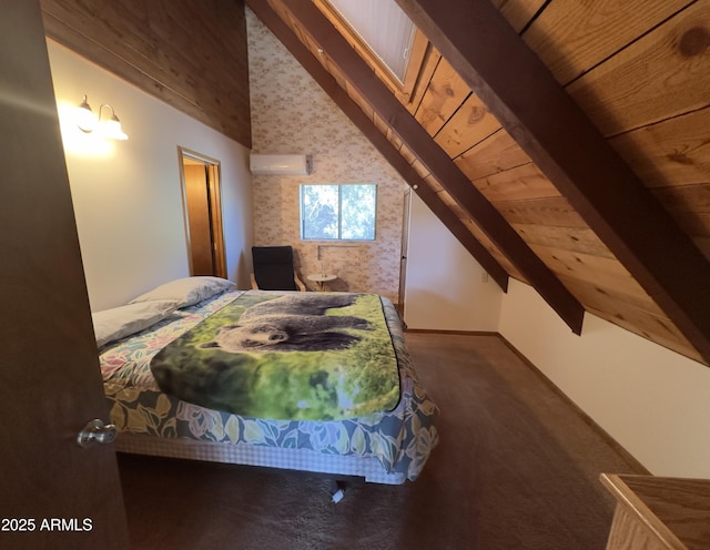 carpeted bedroom with wooden ceiling, a wall mounted AC, and vaulted ceiling with skylight