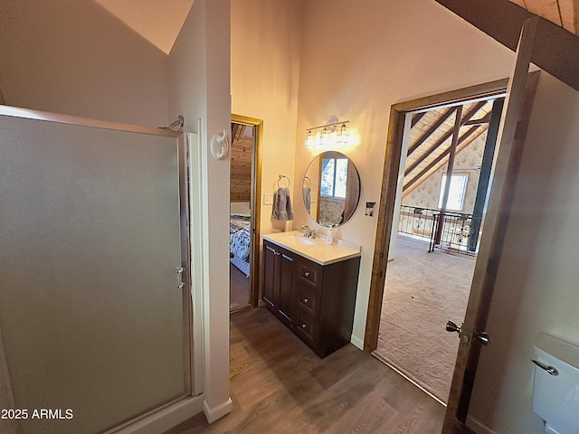 bathroom featuring lofted ceiling, hardwood / wood-style floors, vanity, and a shower with shower door