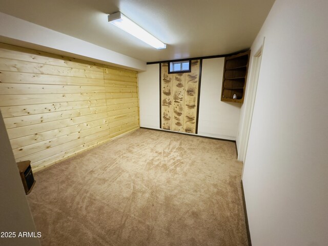 basement with carpet and wooden walls