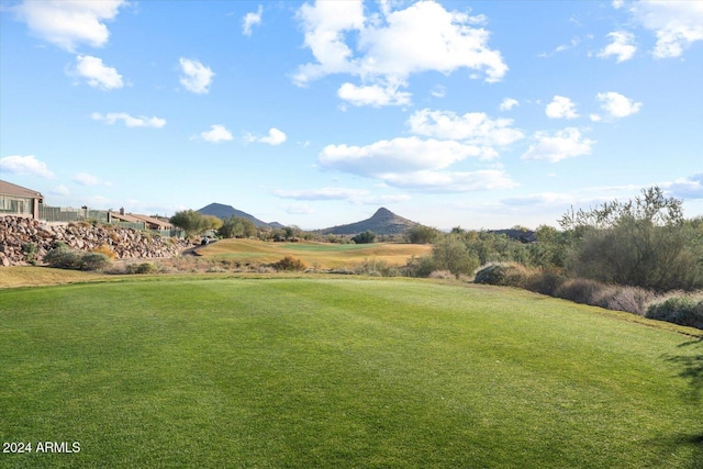 view of property's community with a mountain view and a yard