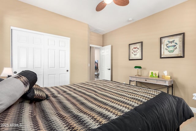 815 E Laddoos Ave, San Tan Valley, AZ 85140 - bedroom with a closet, visible vents, vaulted ceiling, ceiling fan, and baseboards