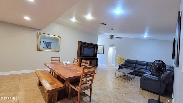 5539 E Dragoon Ave, Mesa, AZ 85206 - dining space with light tile patterned floors, ceiling fan, lofted ceiling, and recessed lighting