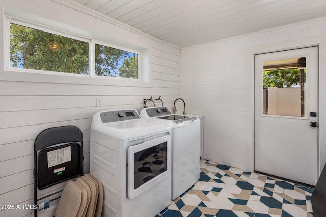 7707 E Earll Dr, Scottsdale, AZ 85251 - laundry area featuring washing machine and dryer, wooden ceiling, light floors, and wood walls