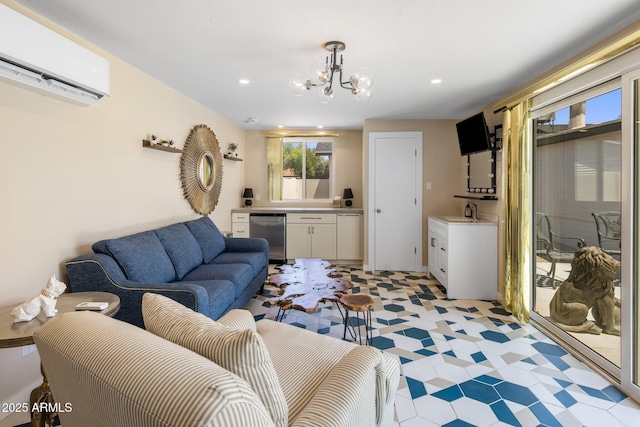 7707 E Earll Dr, Scottsdale, AZ 85251 - living area with a wall unit AC, a chandelier, light floors, and recessed lighting