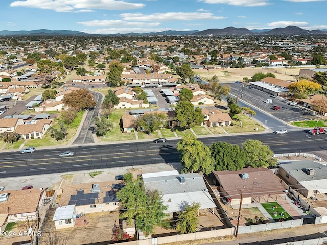 drone / aerial view featuring a mountain view