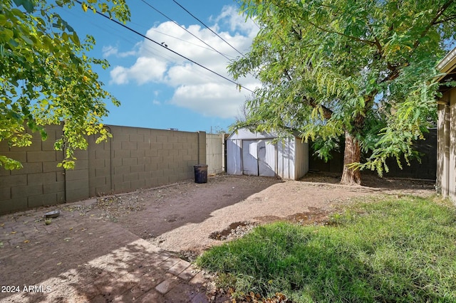 view of yard featuring a shed