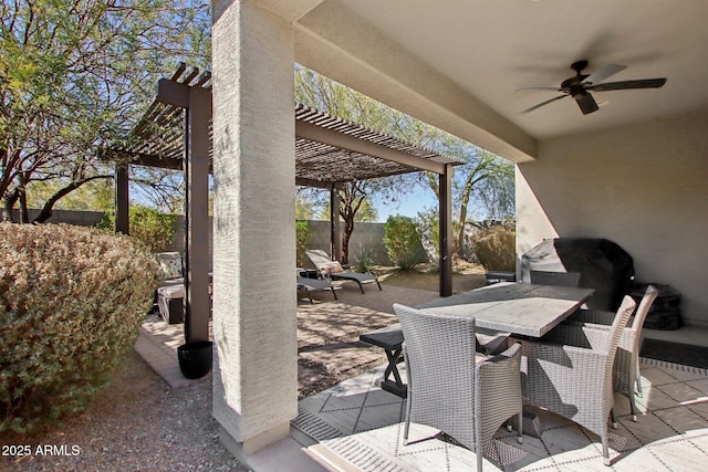 view of patio / terrace featuring ceiling fan, grilling area, and a pergola