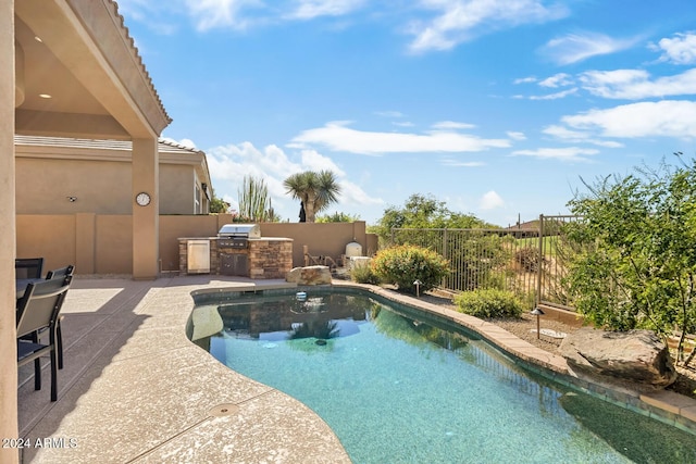 view of pool featuring a patio area and exterior kitchen