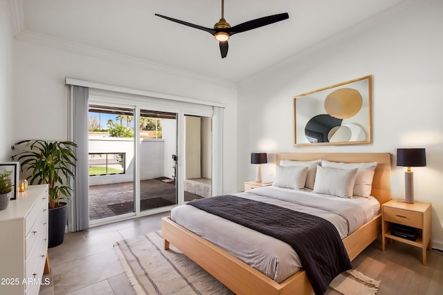 bedroom featuring crown molding, access to outside, and ceiling fan