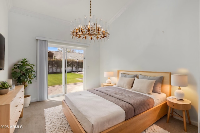 bedroom featuring light carpet, an inviting chandelier, crown molding, baseboards, and access to exterior