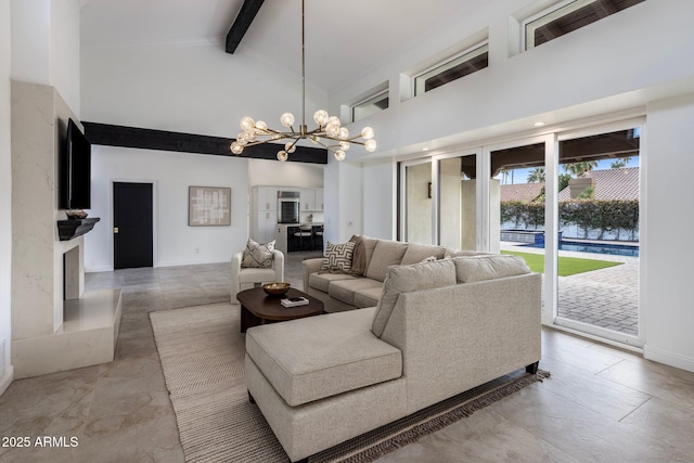 living area with beam ceiling, high vaulted ceiling, baseboards, and a chandelier