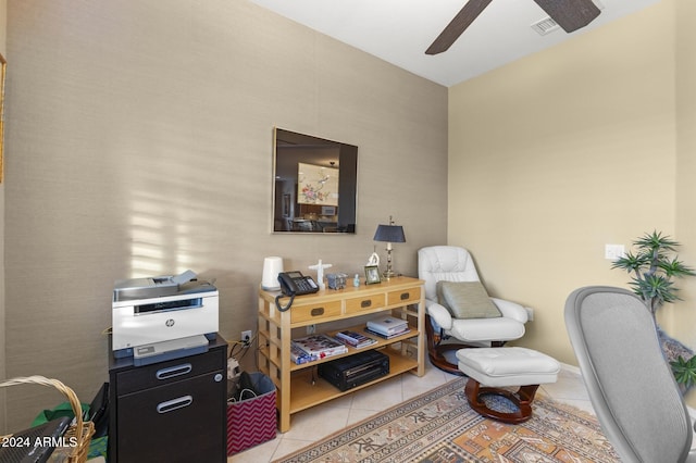 tiled home office with ceiling fan