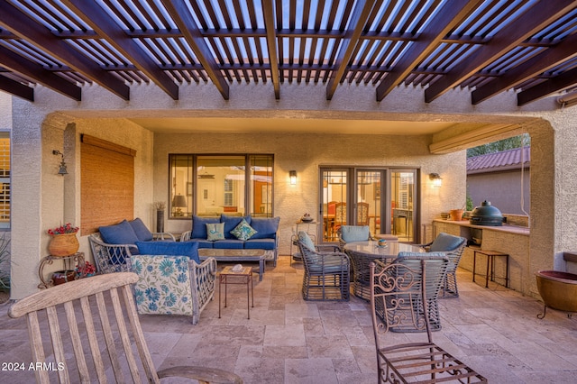 view of patio / terrace with outdoor lounge area, a pergola, and area for grilling