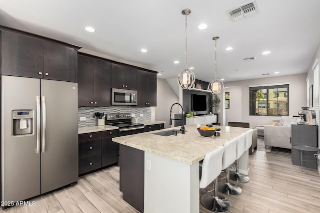 kitchen with a sink, visible vents, open floor plan, appliances with stainless steel finishes, and a kitchen bar