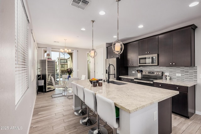 kitchen with visible vents, decorative backsplash, stainless steel appliances, light wood-style floors, and a sink