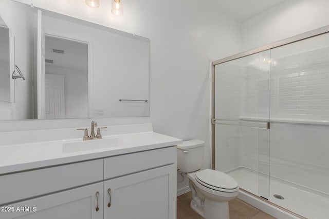 bathroom with tile patterned floors, vanity, toilet, and an enclosed shower