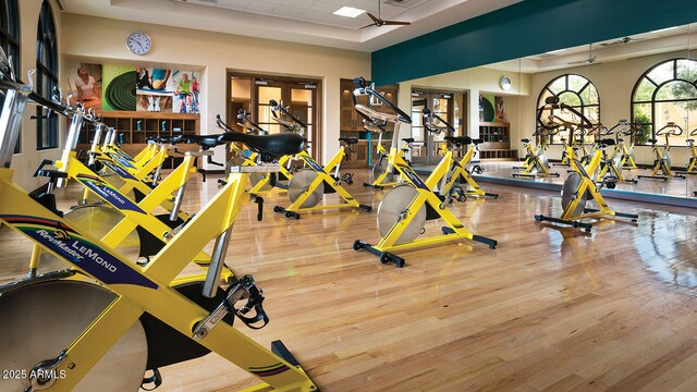 workout area featuring a raised ceiling, hardwood / wood-style flooring, ceiling fan, and french doors