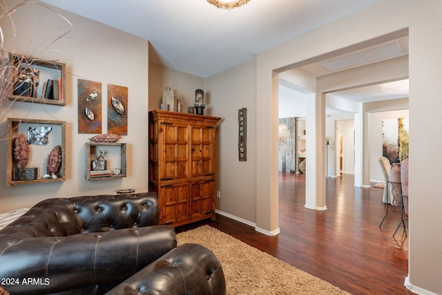 living room featuring dark wood-type flooring