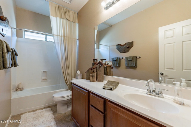 full bathroom featuring tile flooring, oversized vanity, toilet, and shower / bath combo with shower curtain