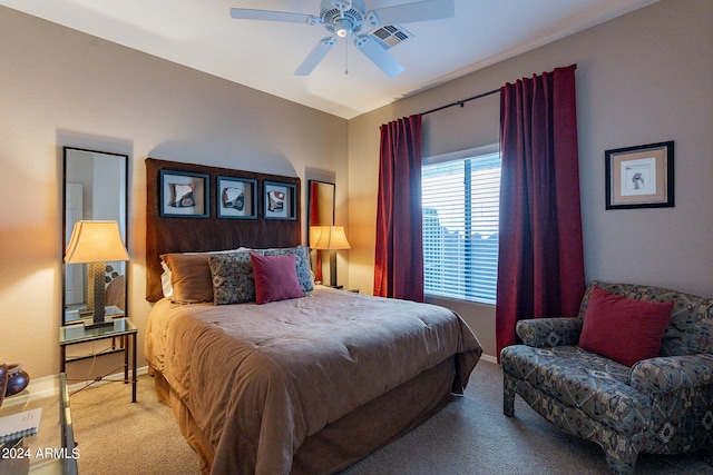 bedroom featuring carpet flooring and ceiling fan