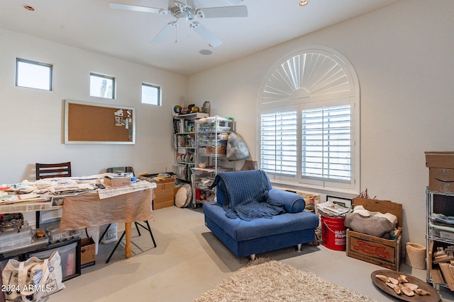 carpeted office space with ceiling fan and a wealth of natural light