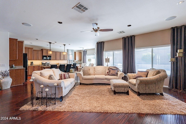 living room with ceiling fan and hardwood / wood-style flooring